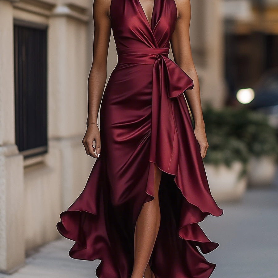 Carlena | Elegancka Sukienka Maxi Kopertowa z Asymetrycznym Dołem
