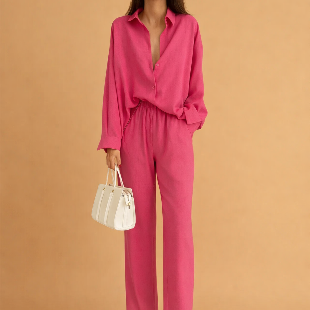 Carlena | Elegancki damski komplet lniany koszula i spodnie luźny styl