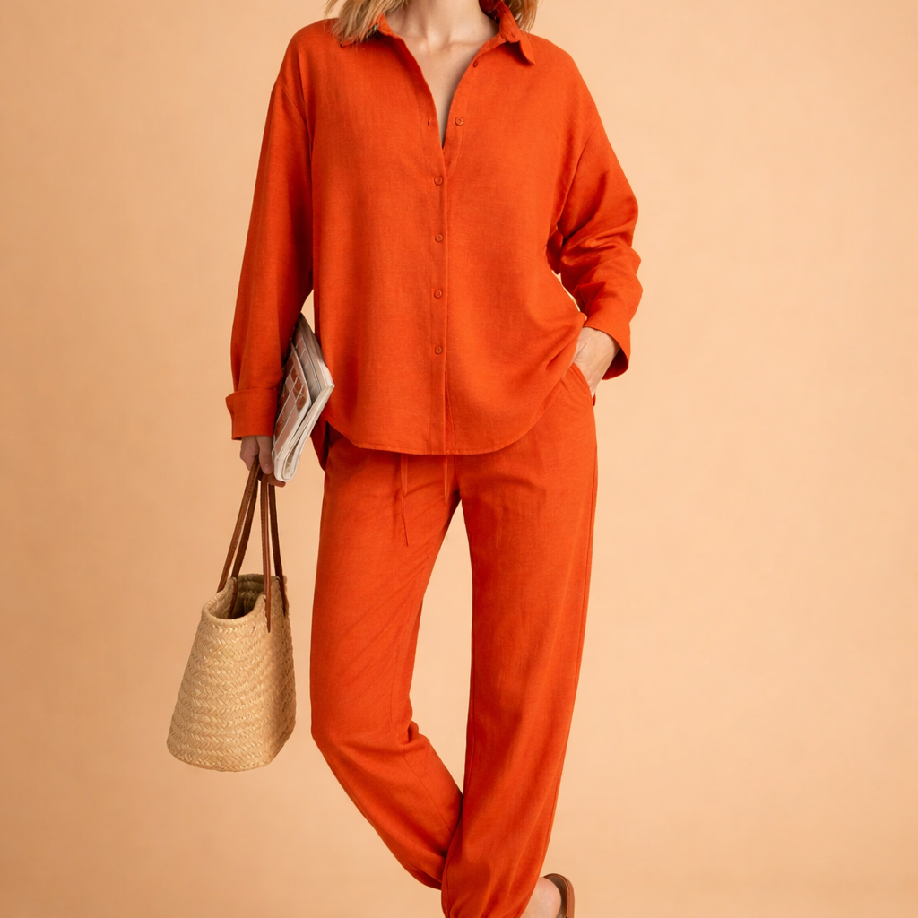 Carlena | Elegancki damski komplet lniany koszula i spodnie luźny styl