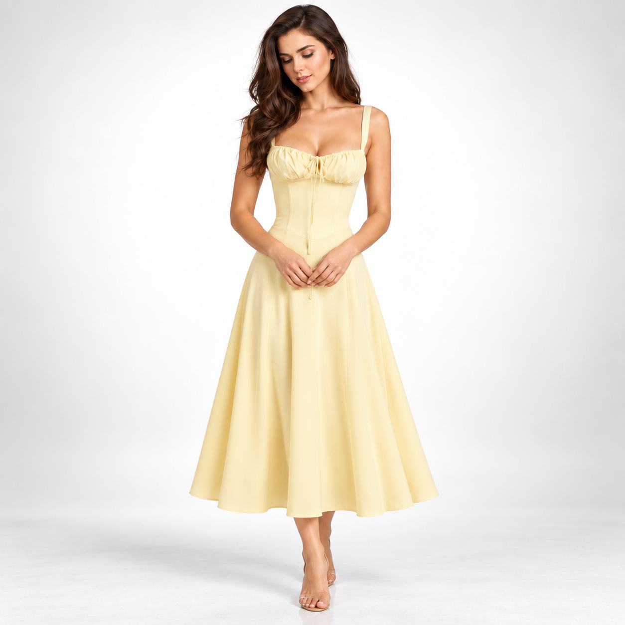Carlena | Elegancka Sukienka Midi w Kwiaty z Gorsetowym Gorsetem i Dekoltem w Sercu