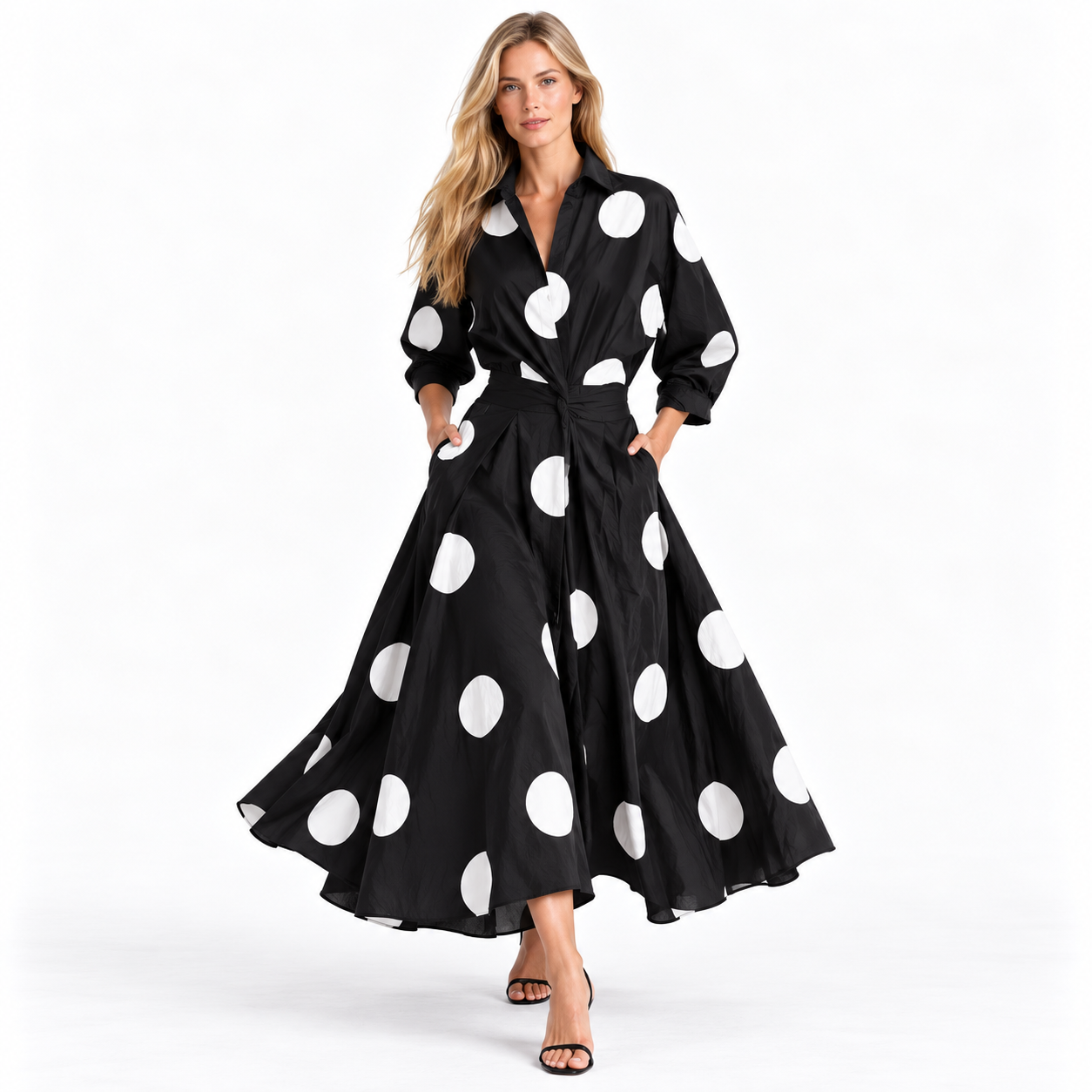 Koszulowa sukienka maxi czarna w grochy