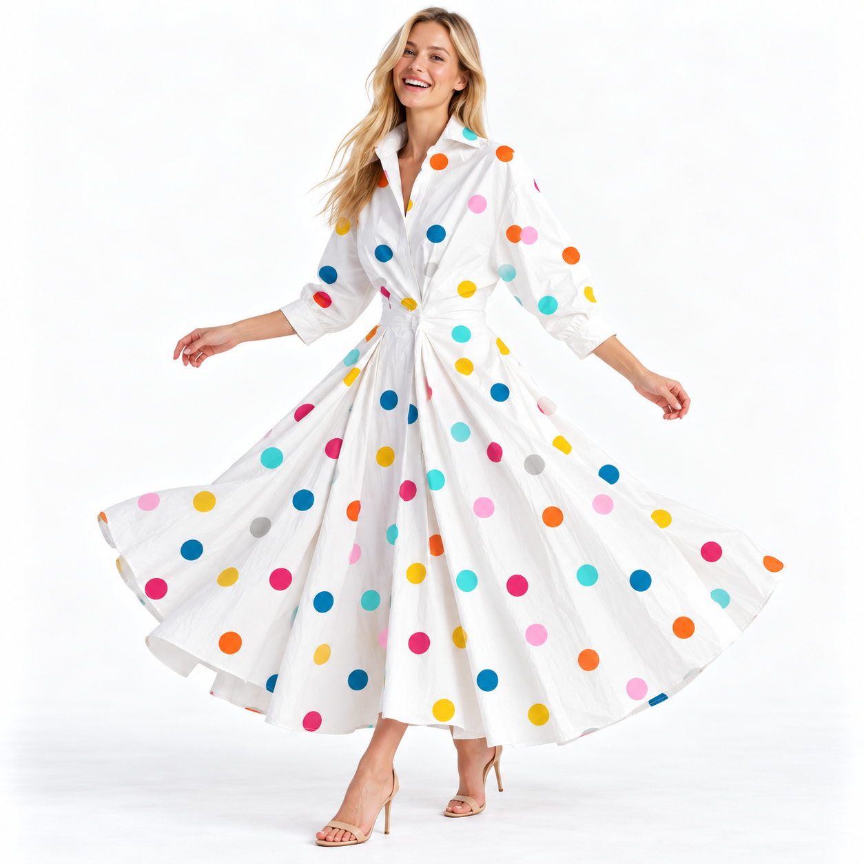 Koszulowa sukienka maxi w kolorowe grochy