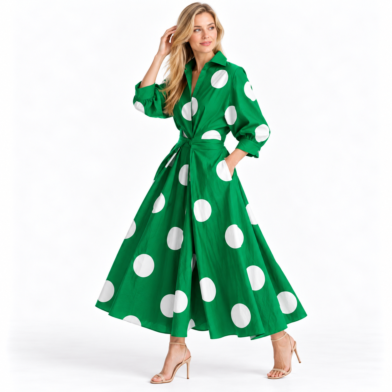 Koszulowa sukienka maxi zielona w grochy
