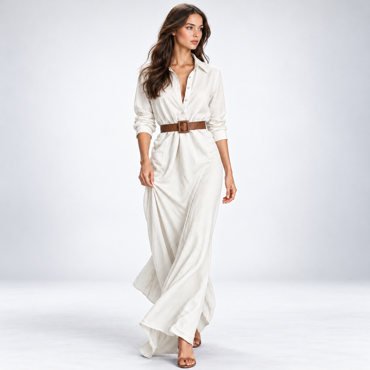 Carlena | Sukienka Maxi Koszulowa z Paskiem w Talii