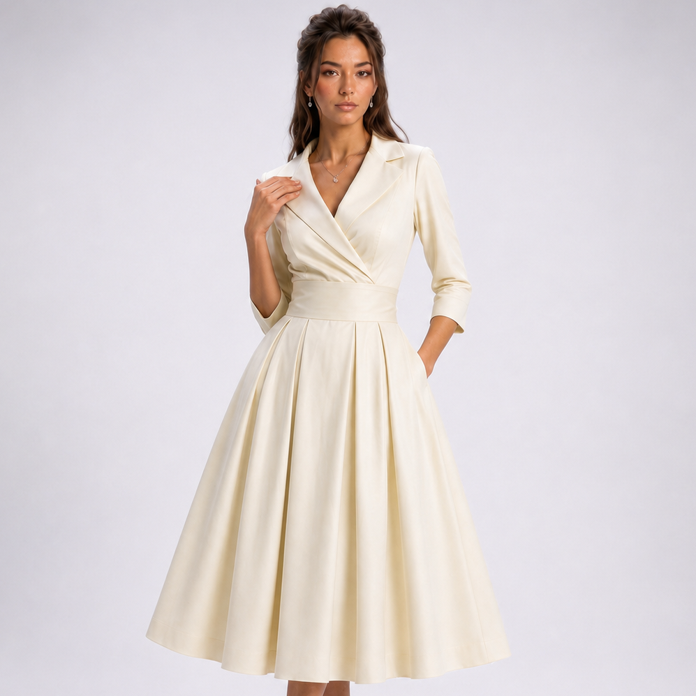 Carlena | Elegancka Sukienka Midi Kopertowa z Rozkloszowanym Dołem
