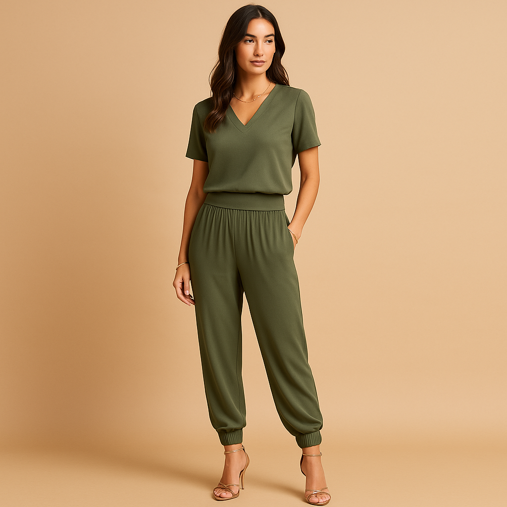 Carlena | Damski kombinezon z dekoltem w serek i elastyczną talią | Beata