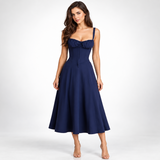 Carlena | Elegancka Sukienka Midi w Kwiaty z Gorsetowym Gorsetem i Dekoltem w Sercu