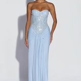 Carlena | Elegancka sukienka maxi z gorsetem zdobionym koralikami