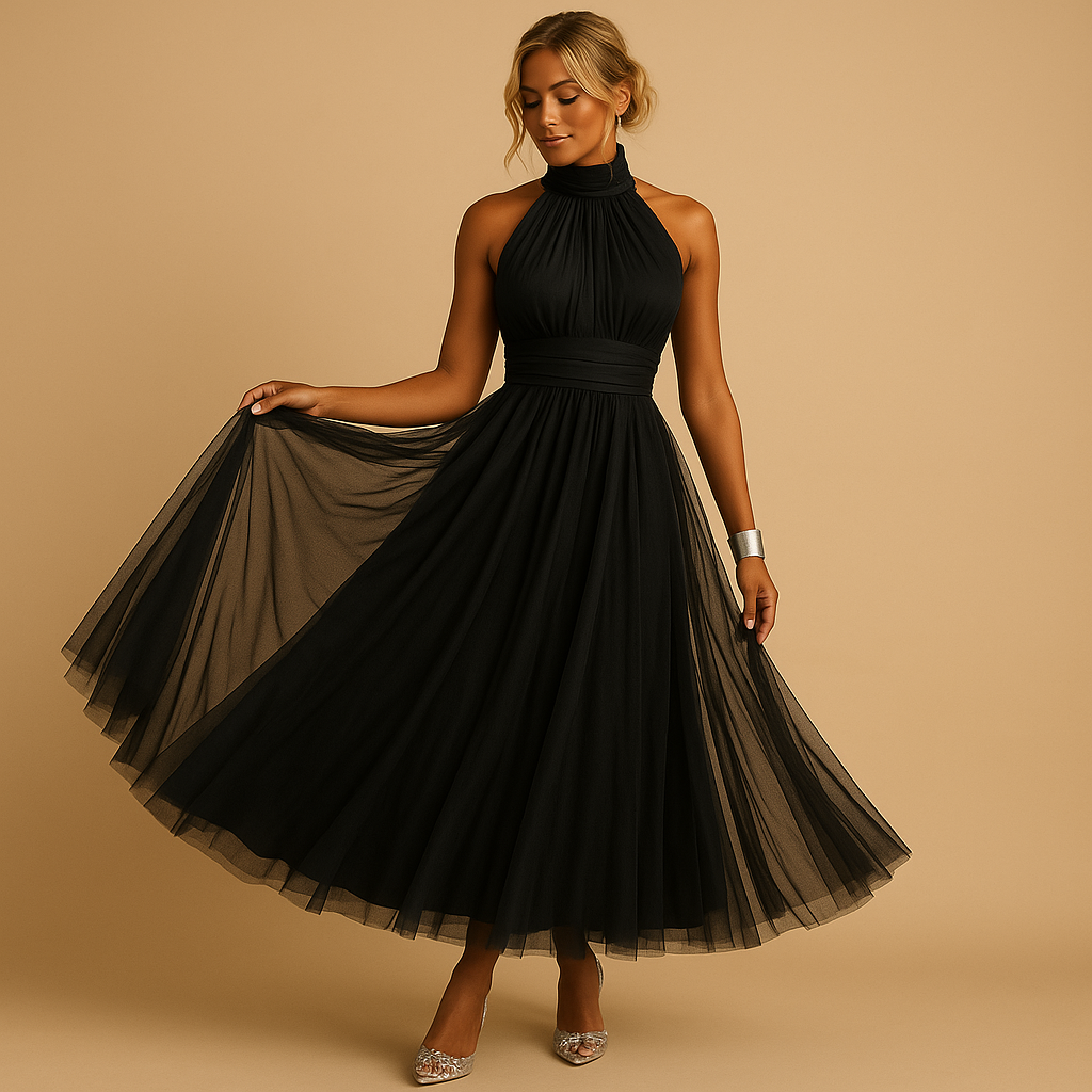 Carlena | Elegancka sukienka midi z halterowym dekoltem