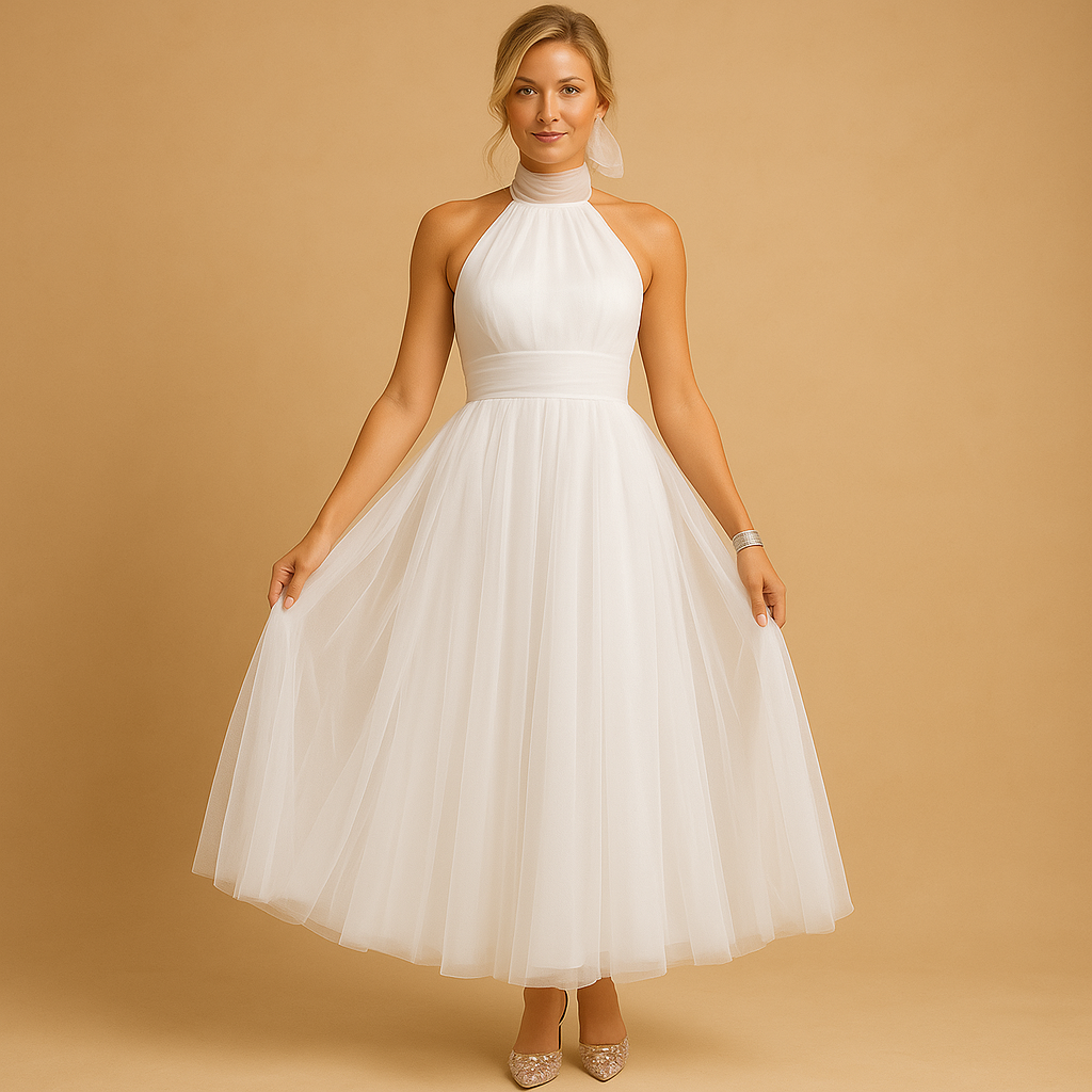 Carlena | Elegancka sukienka midi z halterowym dekoltem