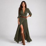 Carlena | Sukienka Maxi w Stylu Western z Guzikami i Rozcięciem