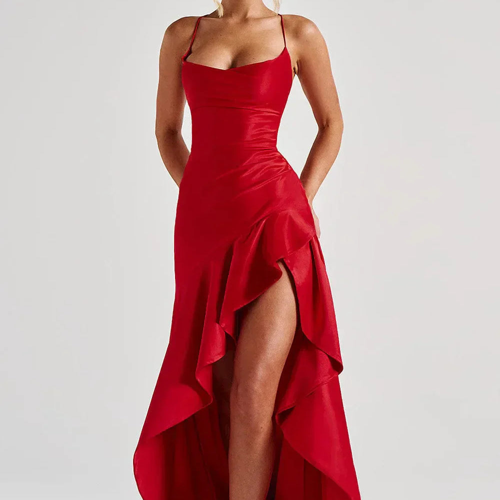 Carlena | Satynowa sukienka maxi z rozcięciem na wesele i wyjątkowe okazje