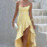 Carlena | Satynowa sukienka maxi z rozcięciem na wesele i wyjątkowe okazje