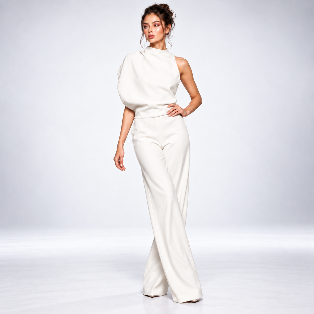 Carlena | Asymetryczny Kombinezon na Jedno Ramię z Szerokimi Nogawkami