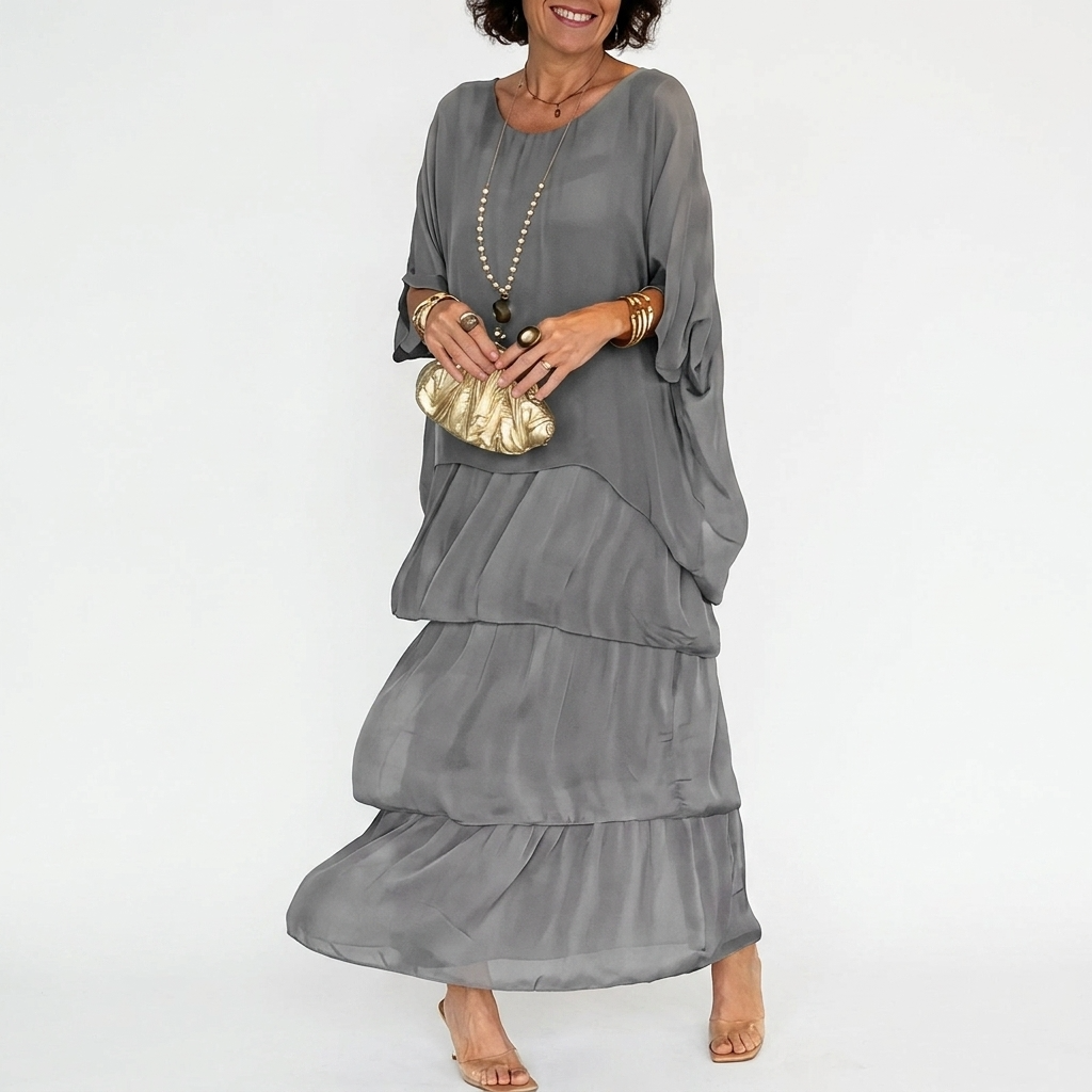 Carlena | Elegancka Sukienka Maxi z Warstwowymi Falbanami i Luźnym Fasonem