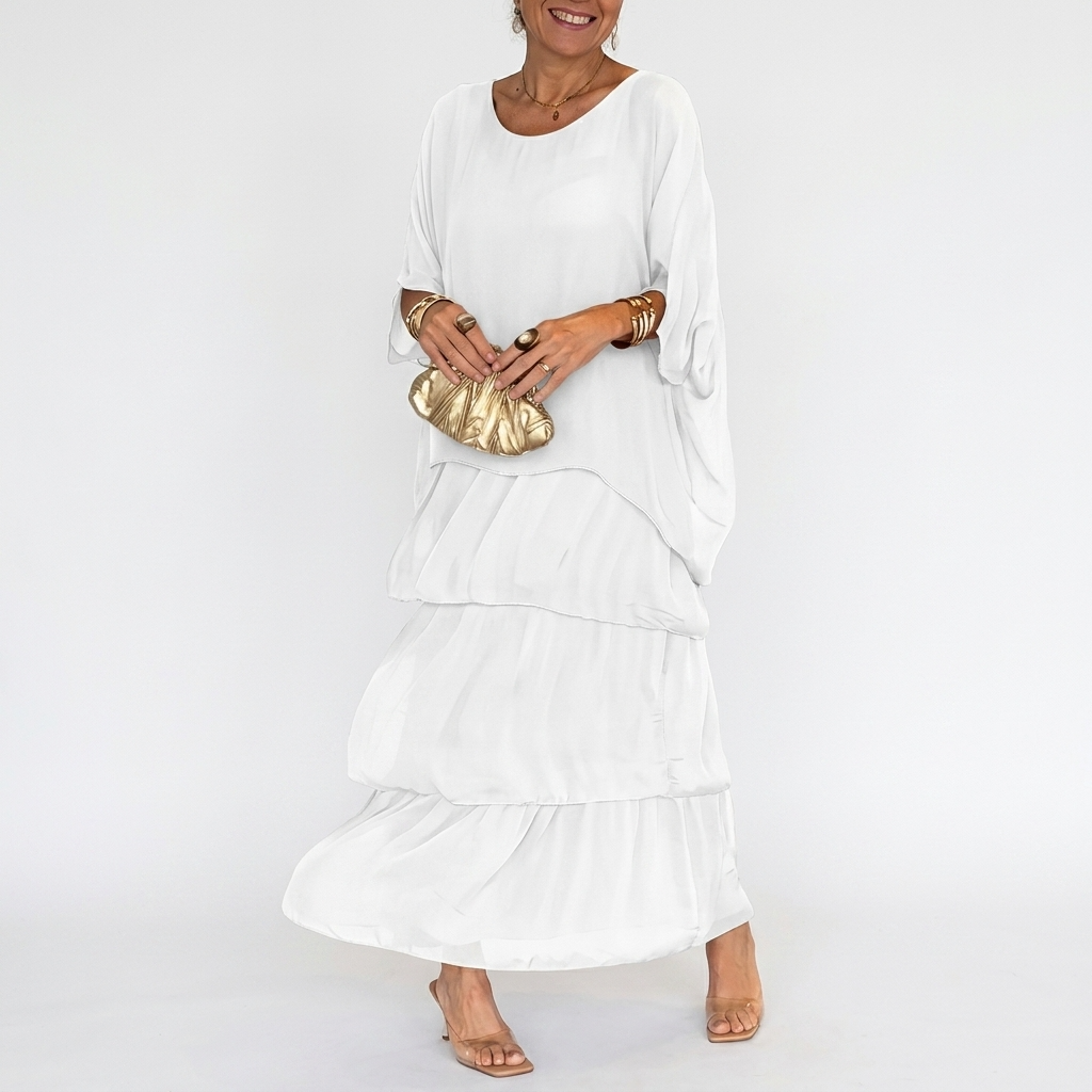 Carlena | Elegancka Sukienka Maxi z Warstwowymi Falbanami i Luźnym Fasonem