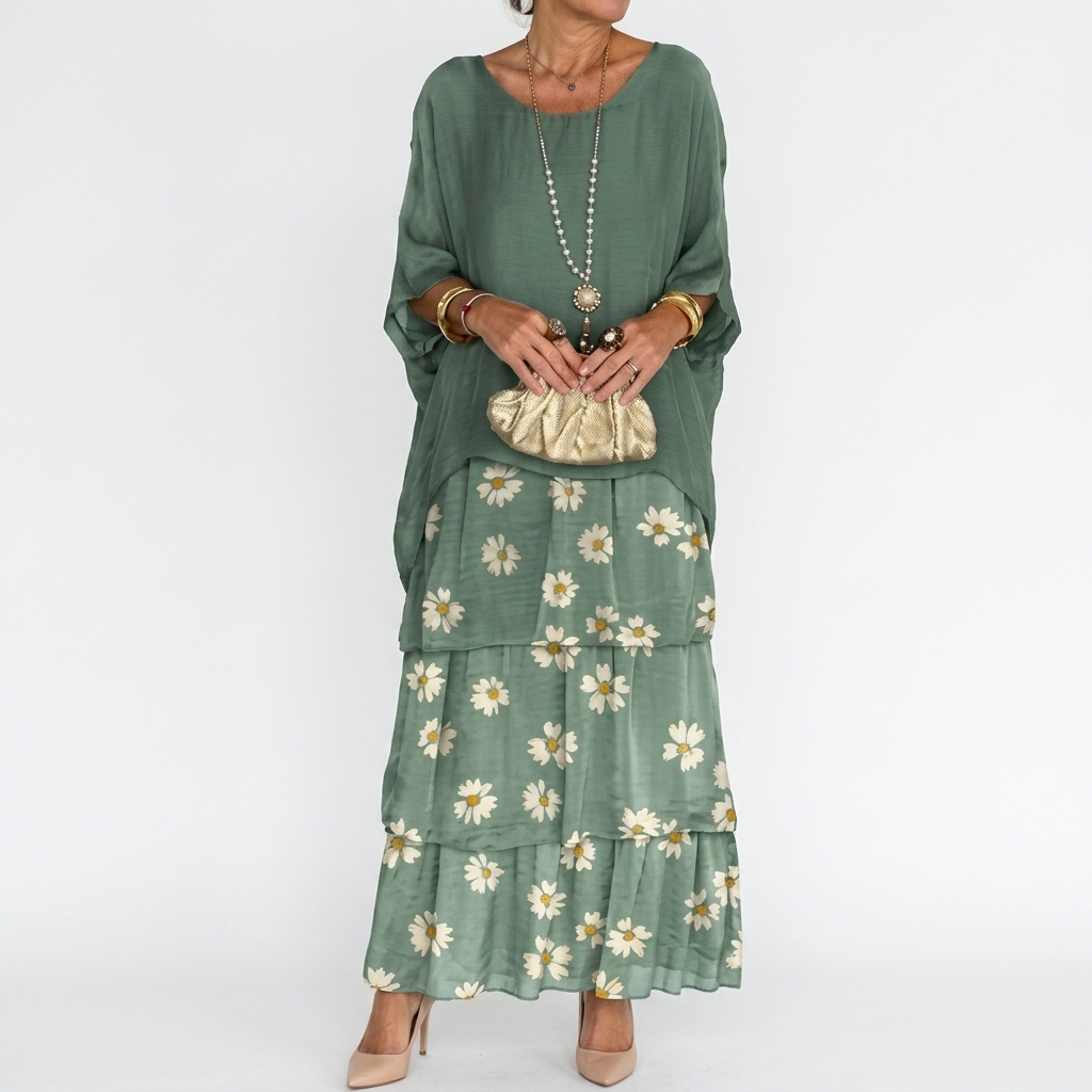 Carlena | Elegancka Sukienka Maxi z Warstwowymi Falbanami i Luźnym Fasonem