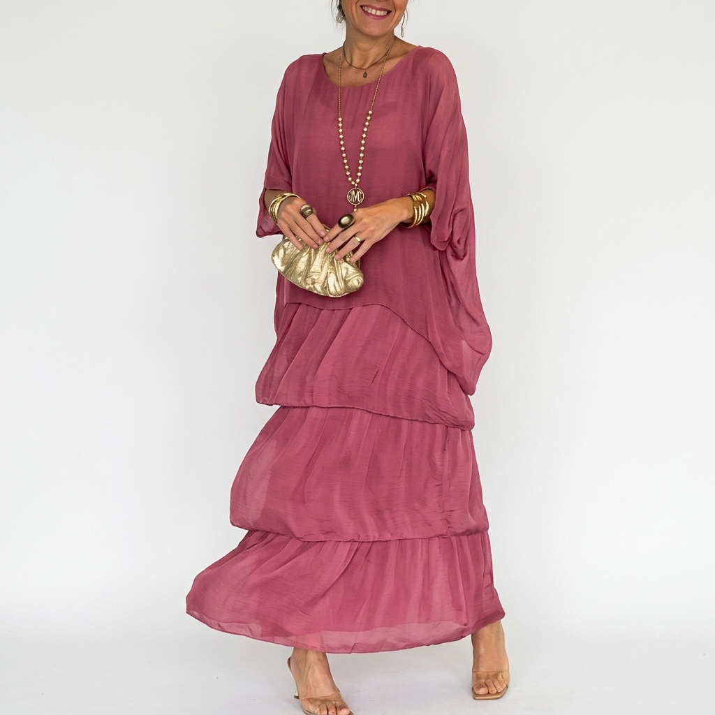 Carlena | Elegancka Sukienka Maxi z Warstwowymi Falbanami i Luźnym Fasonem