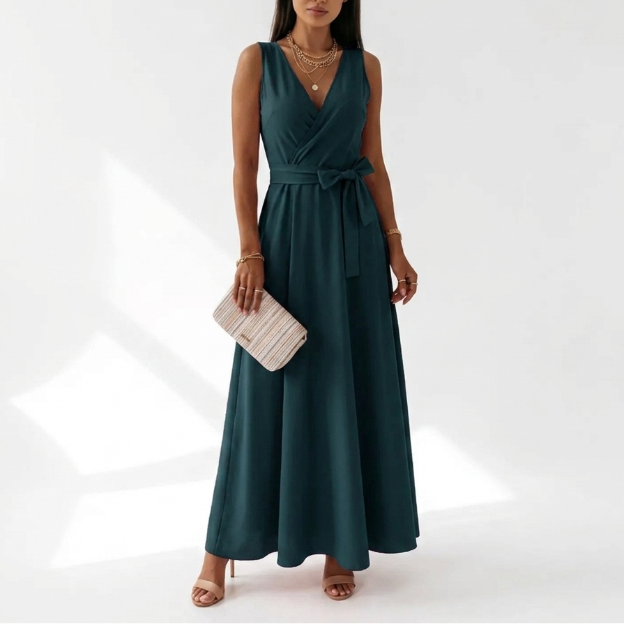Carlena | Elegancka Sukienka Maxi na Wesele z Kopertowym Dekoltem i Wiązaniem w Talii