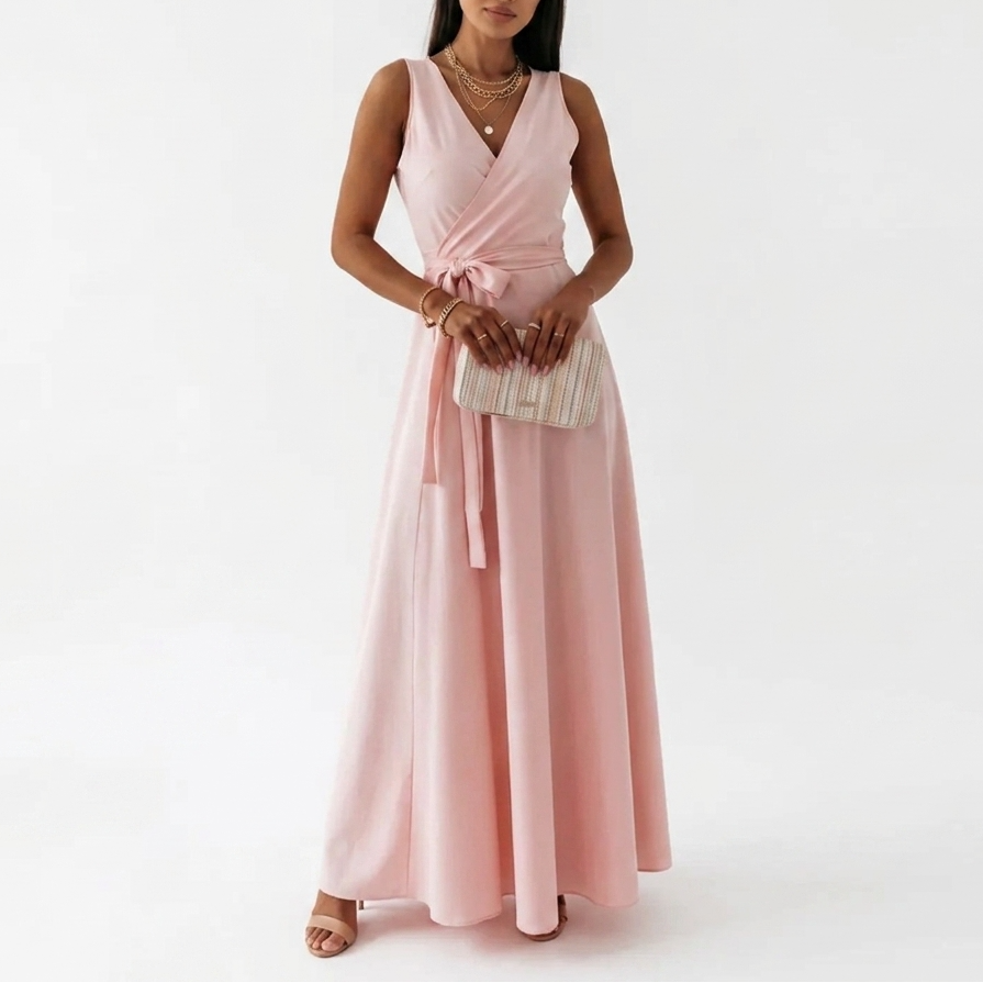 Carlena | Elegancka Sukienka Maxi na Wesele z Kopertowym Dekoltem i Wiązaniem w Talii