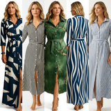 Carlena | Lniana Sukienka Koszulowa Maxi w Paski z Paskiem na Lato