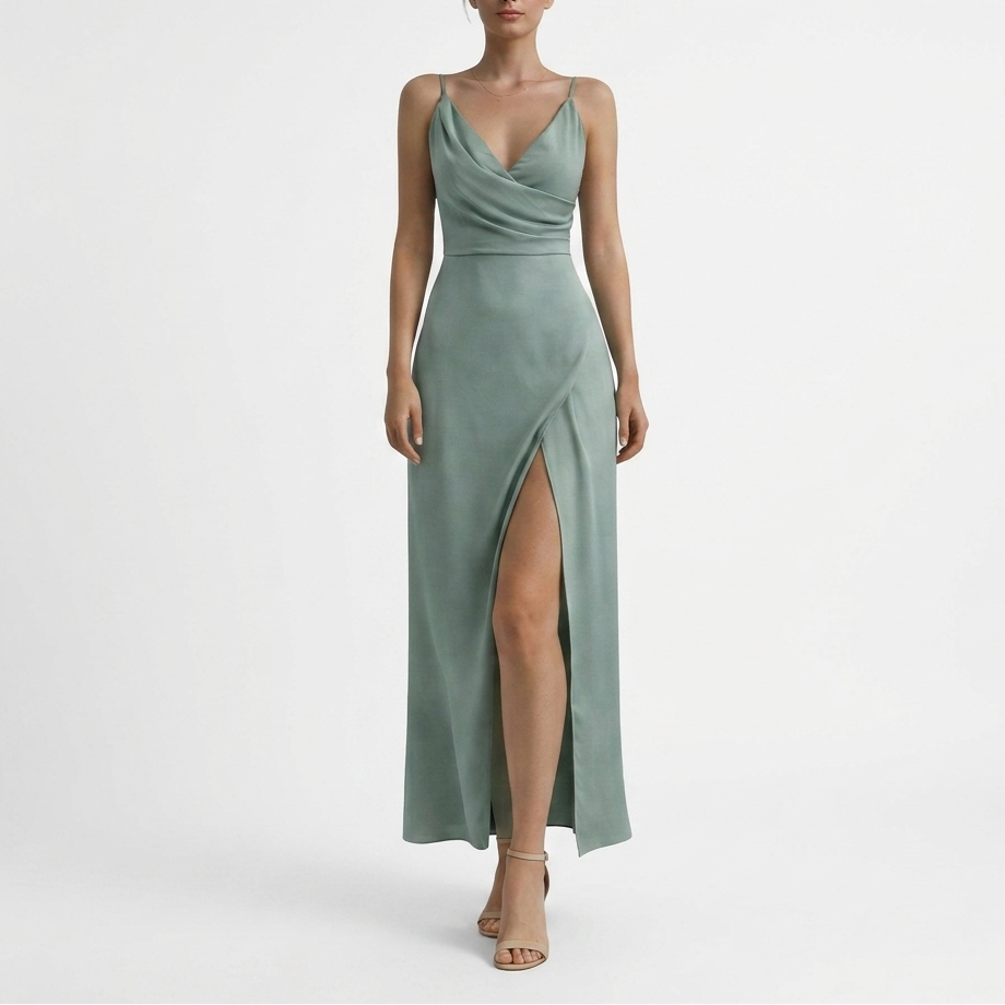 Carlena | Elegancka Sukienka Maxi na Wesele z Drapowanym Dekoltem i Rozcięciem