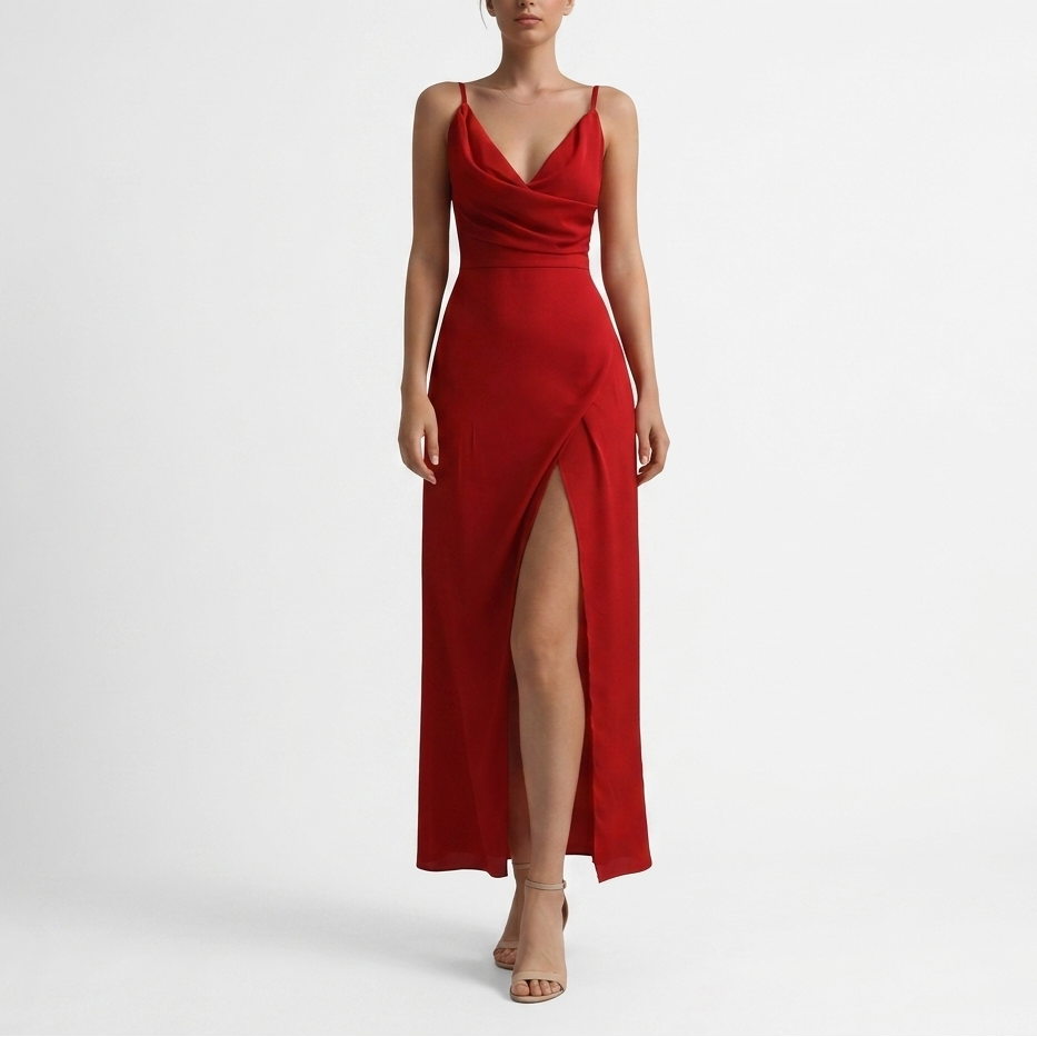 Carlena | Elegancka Sukienka Maxi na Wesele z Drapowanym Dekoltem i Rozcięciem