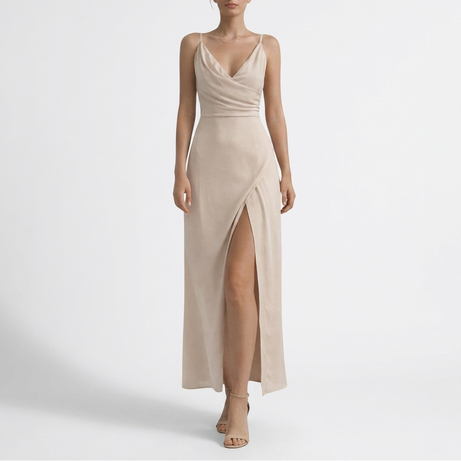 Carlena | Elegancka Sukienka Maxi na Wesele z Drapowanym Dekoltem i Rozcięciem