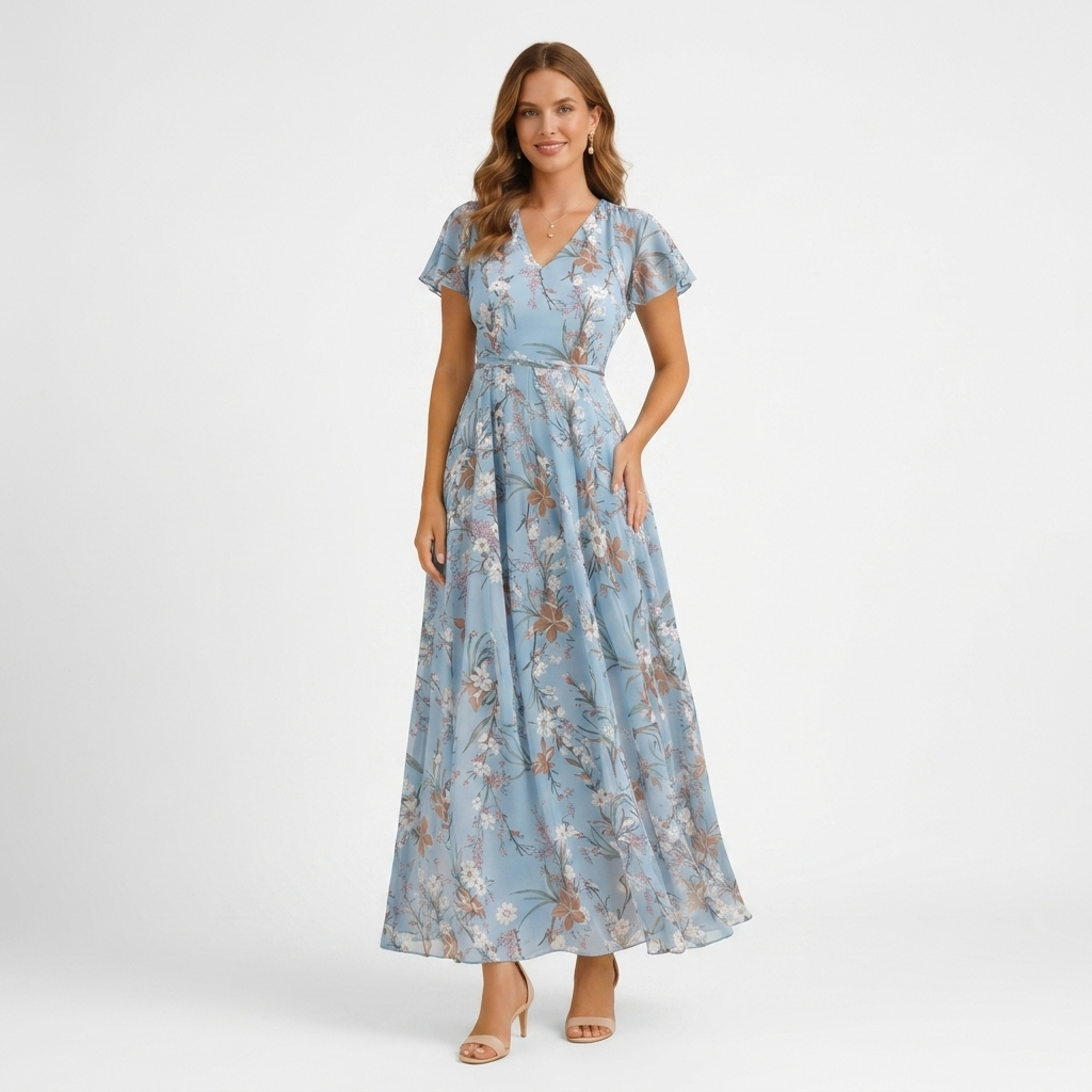 Carlena | Elegancka Sukienka Maxi w Kwiaty z Dekoltem V Lilia