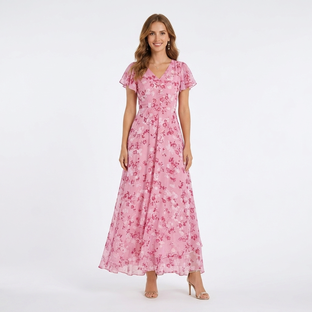 Carlena | Elegancka Sukienka Maxi w Kwiaty z Dekoltem V Lilia