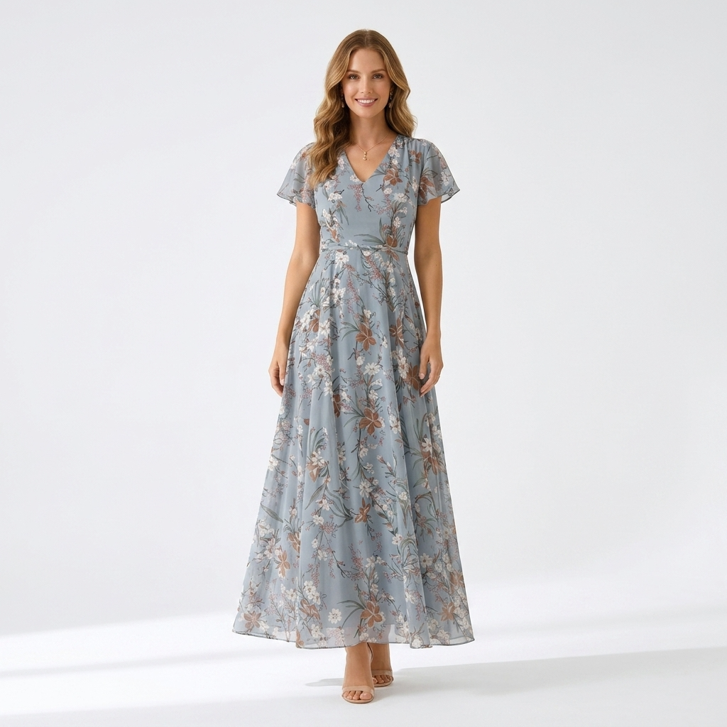 Carlena | Elegancka Sukienka Maxi w Kwiaty z Dekoltem V Lilia