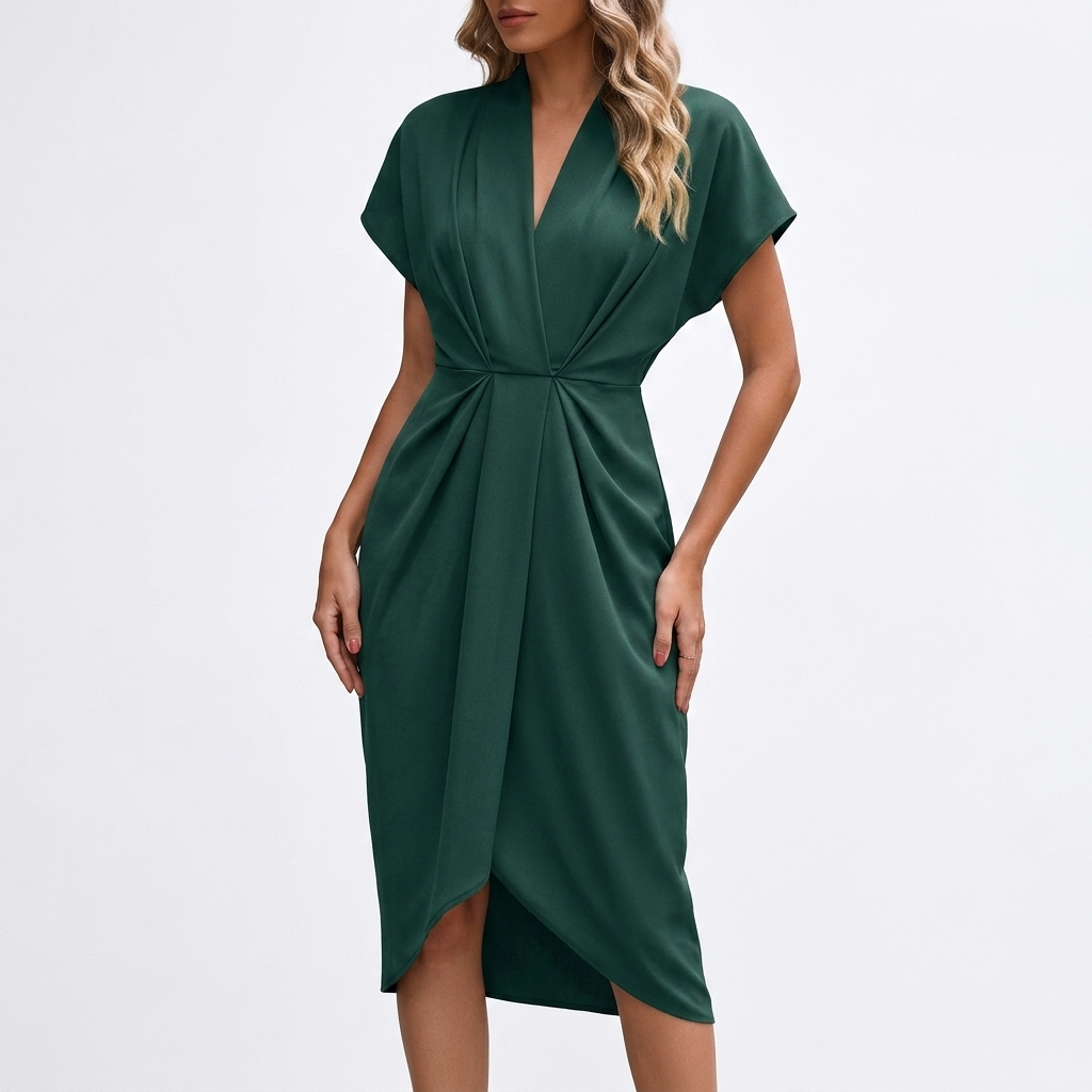Carlena | Elegancka Sukienka Kopertowa Midi z Marszczeniem