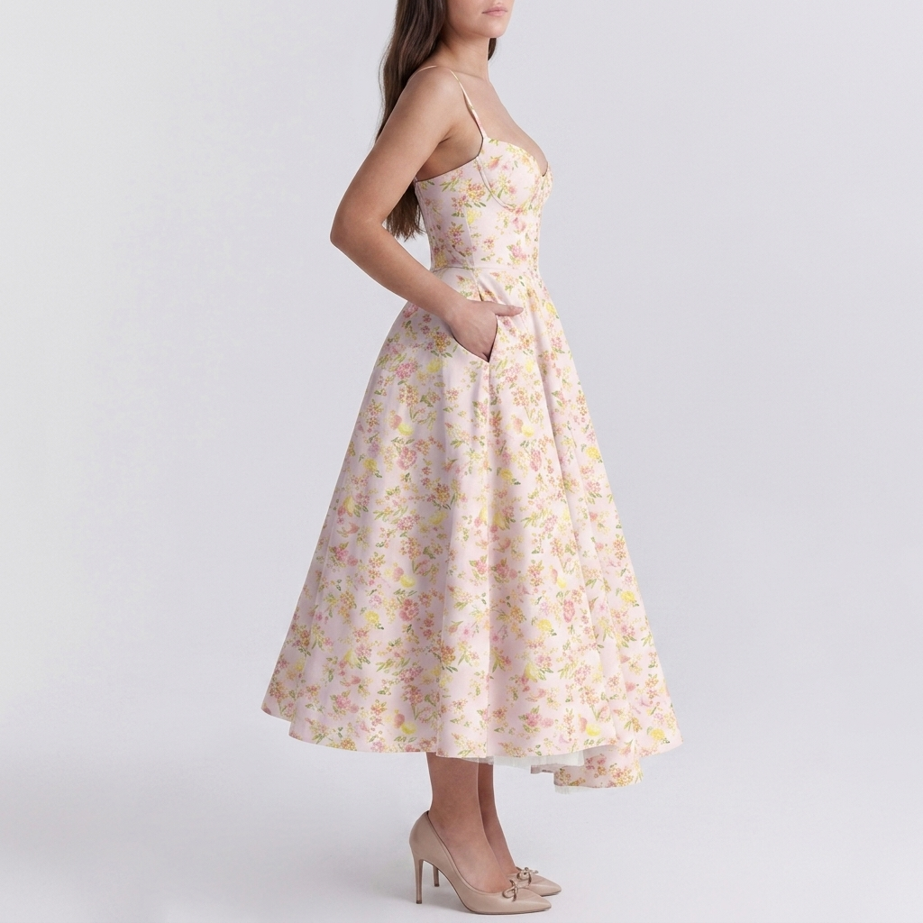 Carlena | Elegancka Sukienka Midi z Gorsetową Górą i Rozkloszowanym Dołem