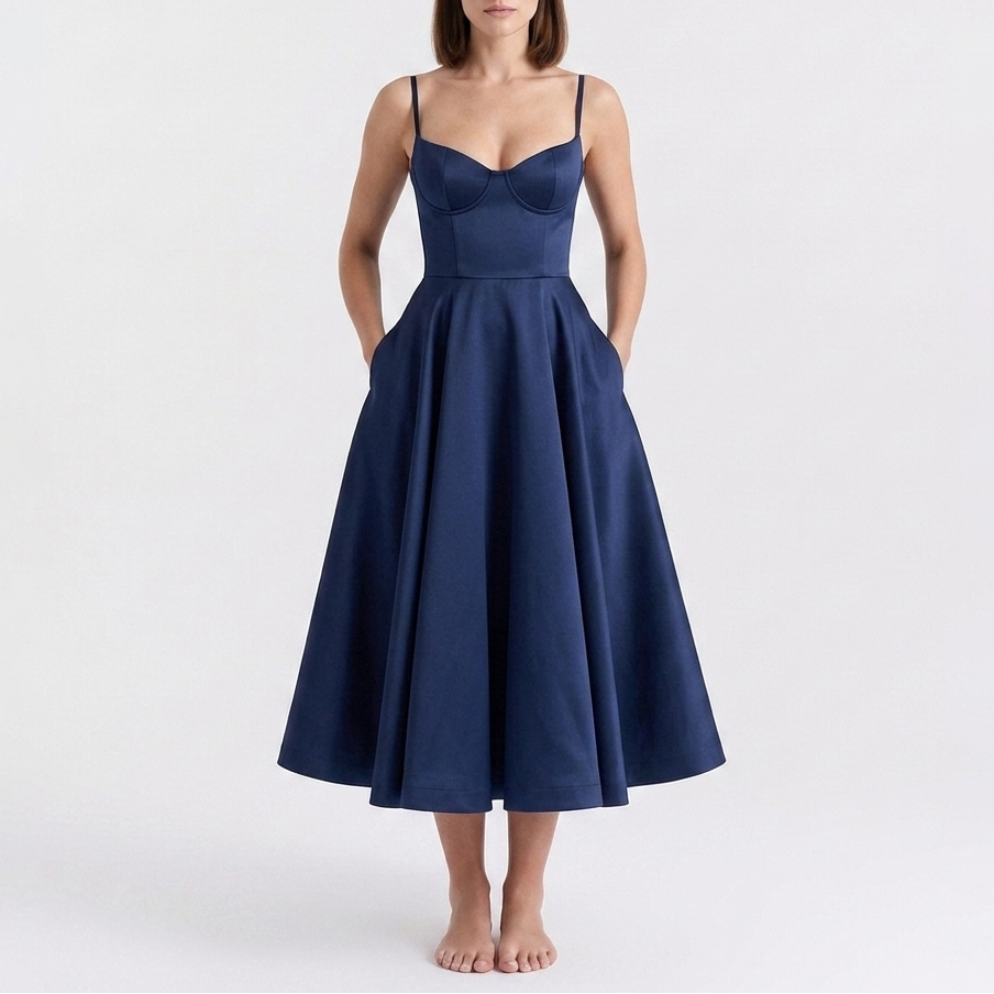 Carlena | Elegancka Sukienka Midi z Gorsetową Górą i Rozkloszowanym Dołem