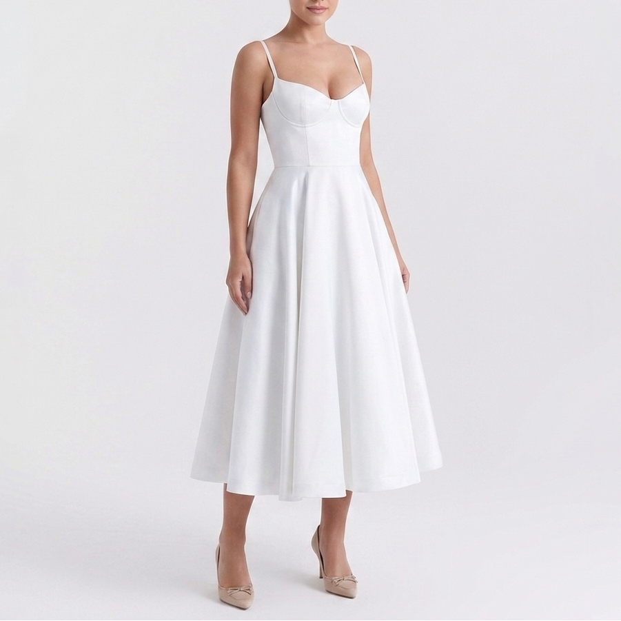 Carlena | Elegancka Sukienka Midi z Gorsetową Górą i Rozkloszowanym Dołem
