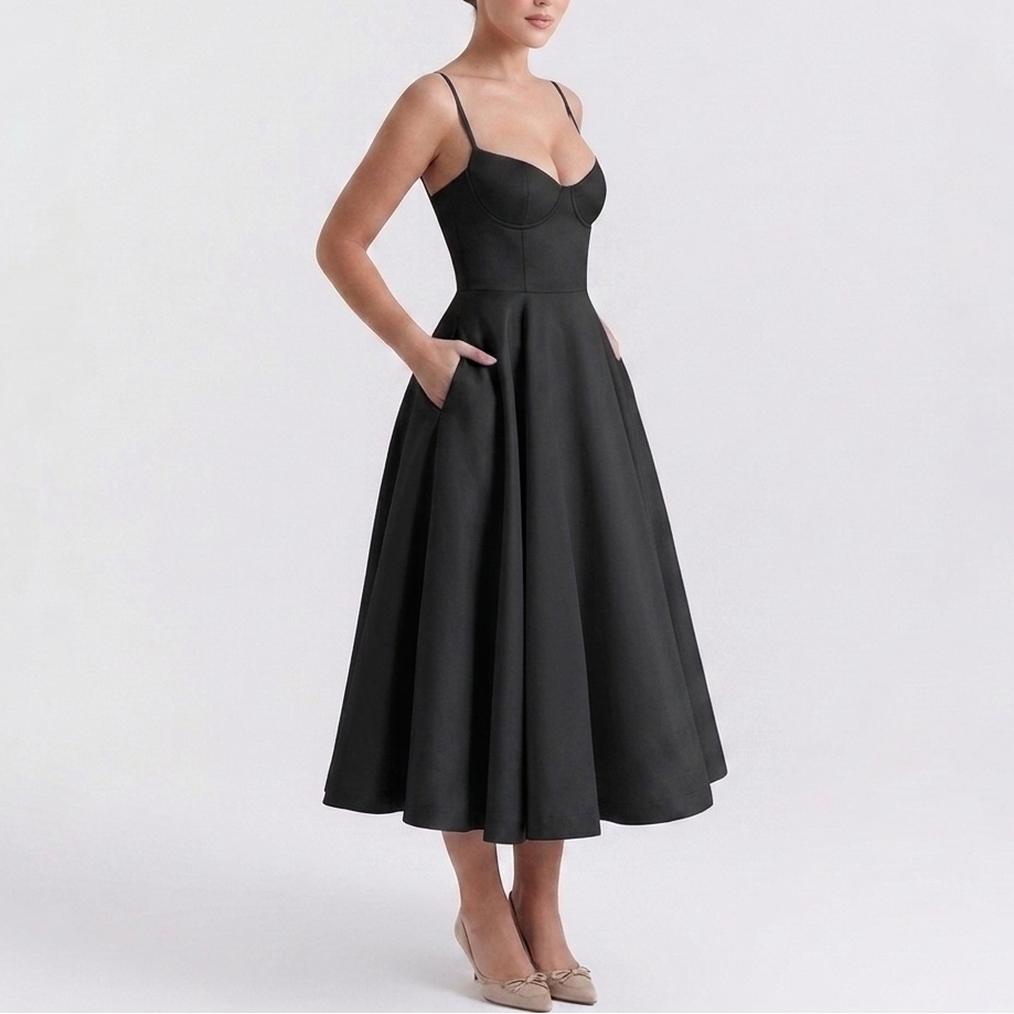 Carlena | Elegancka Sukienka Midi z Gorsetową Górą i Rozkloszowanym Dołem