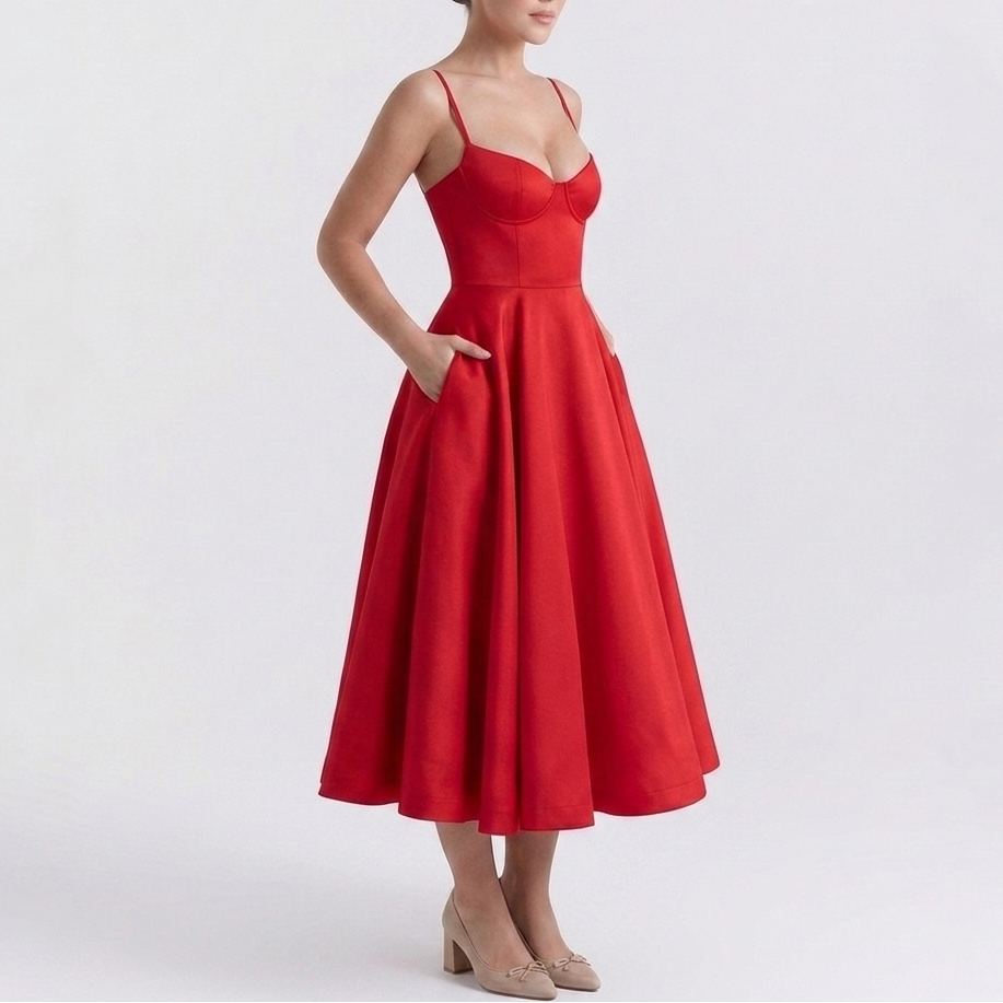 Carlena | Elegancka Sukienka Midi z Gorsetową Górą i Rozkloszowanym Dołem