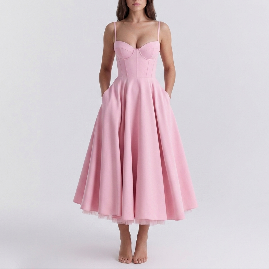 Carlena | Elegancka Sukienka Midi z Gorsetową Górą i Rozkloszowanym Dołem