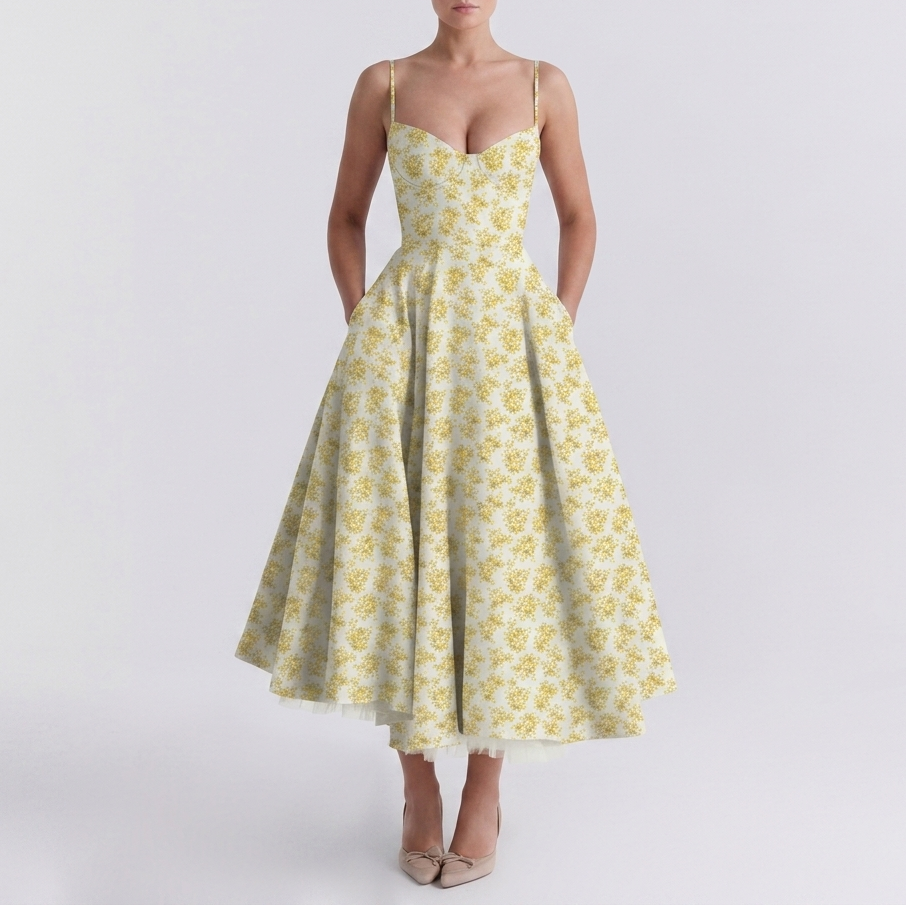 Carlena | Elegancka Sukienka Midi z Gorsetową Górą i Rozkloszowanym Dołem