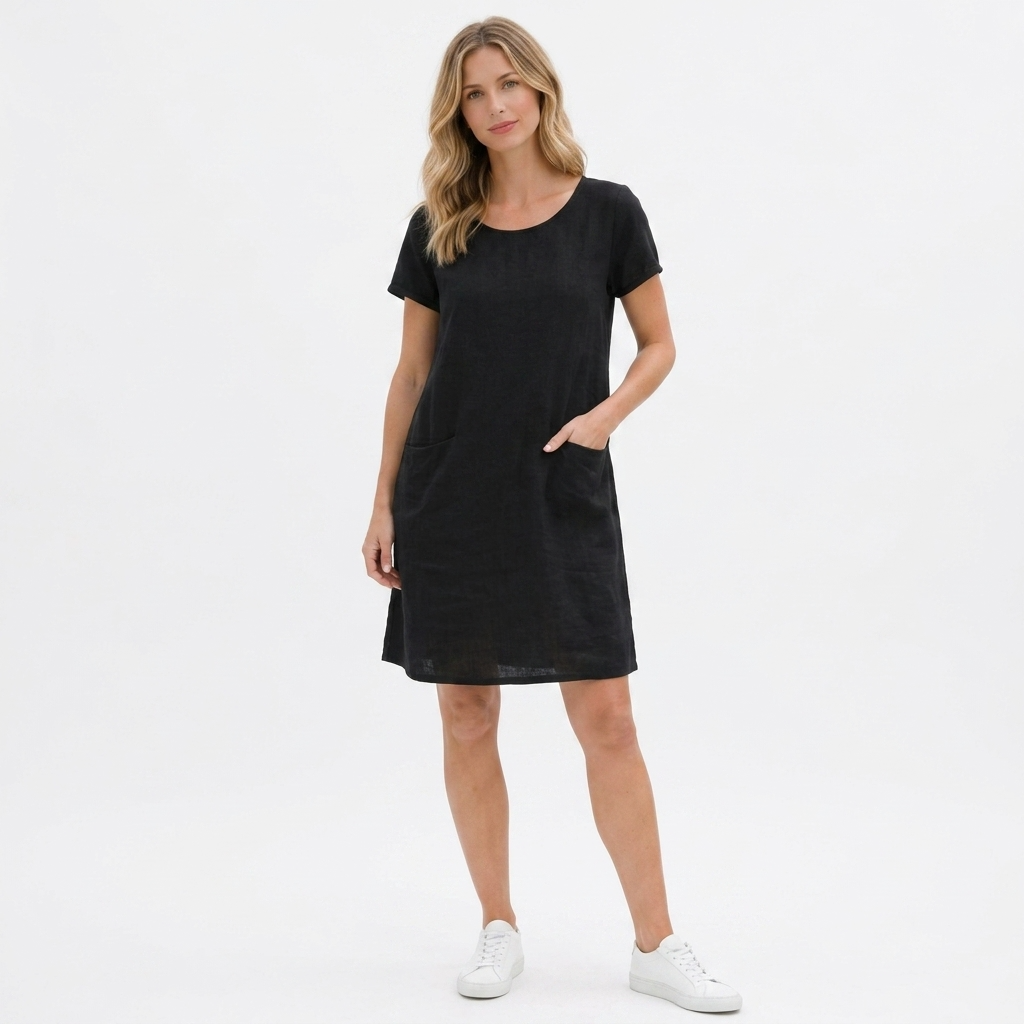 Carlena | Luźna Sukienka Lniana Mini z Kieszeniami na Lato