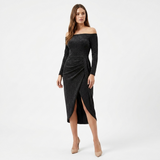 Carlena | Elegancka Dopasowana Sukienka Koktajlowa Midi z Rozcięciem