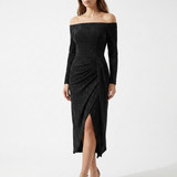 Carlena | Elegancka Dopasowana Sukienka Koktajlowa Midi z Rozcięciem