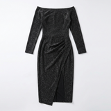 Carlena | Elegancka Dopasowana Sukienka Koktajlowa Midi z Rozcięciem