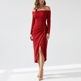 Carlena | Elegancka Dopasowana Sukienka Koktajlowa Midi z Rozcięciem