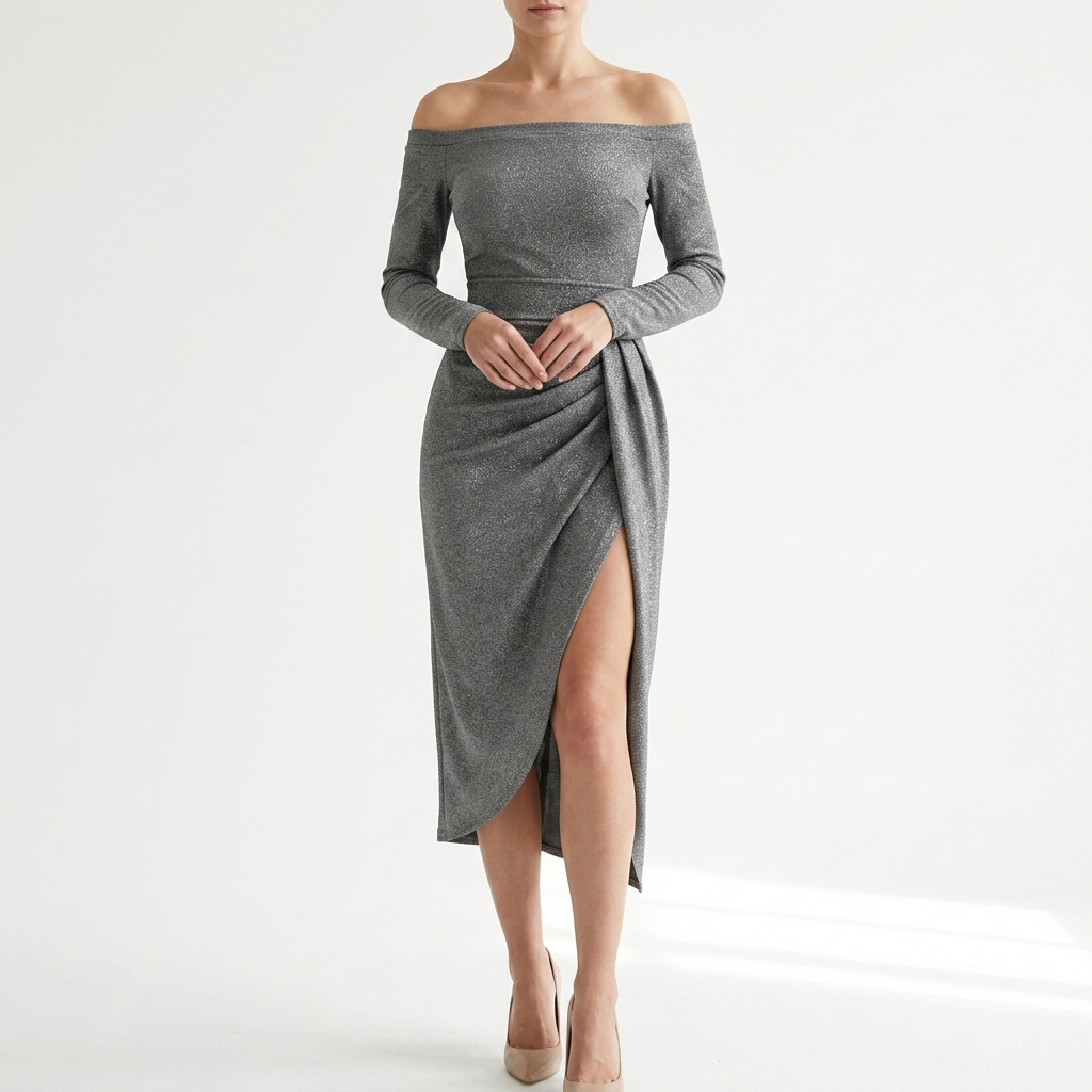 Carlena | Elegancka Dopasowana Sukienka Koktajlowa Midi z Rozcięciem