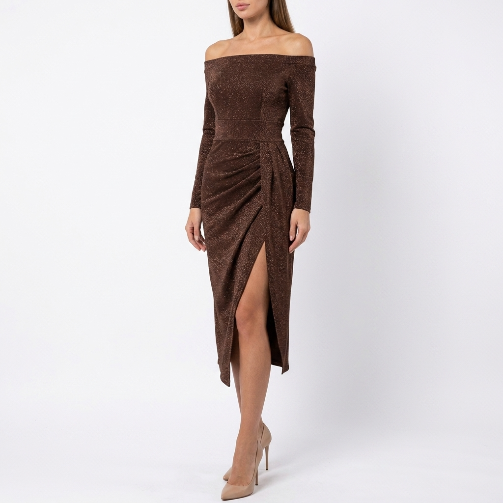 Carlena | Elegancka Dopasowana Sukienka Koktajlowa Midi z Rozcięciem