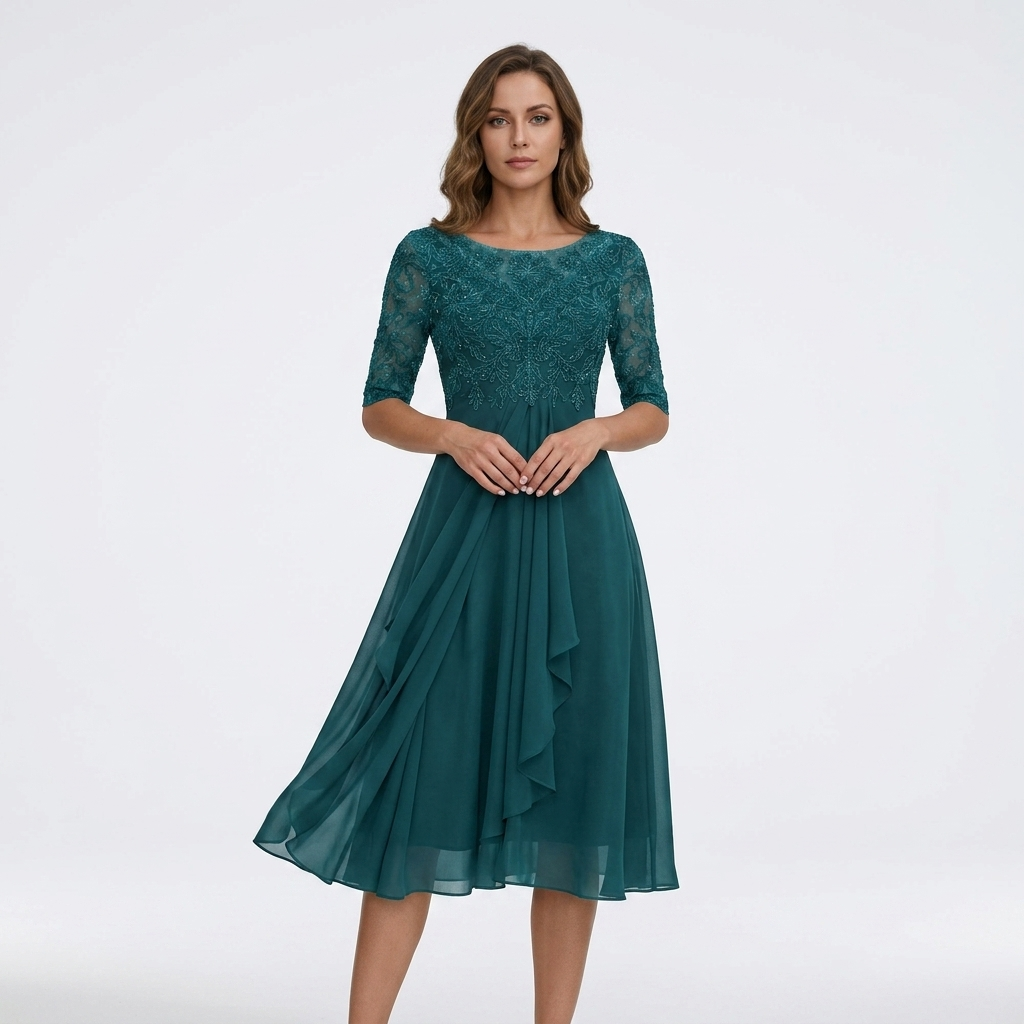 Carlena | Elegancka Sukienka Midi z Koronkową Górą i Rękawem 3/4