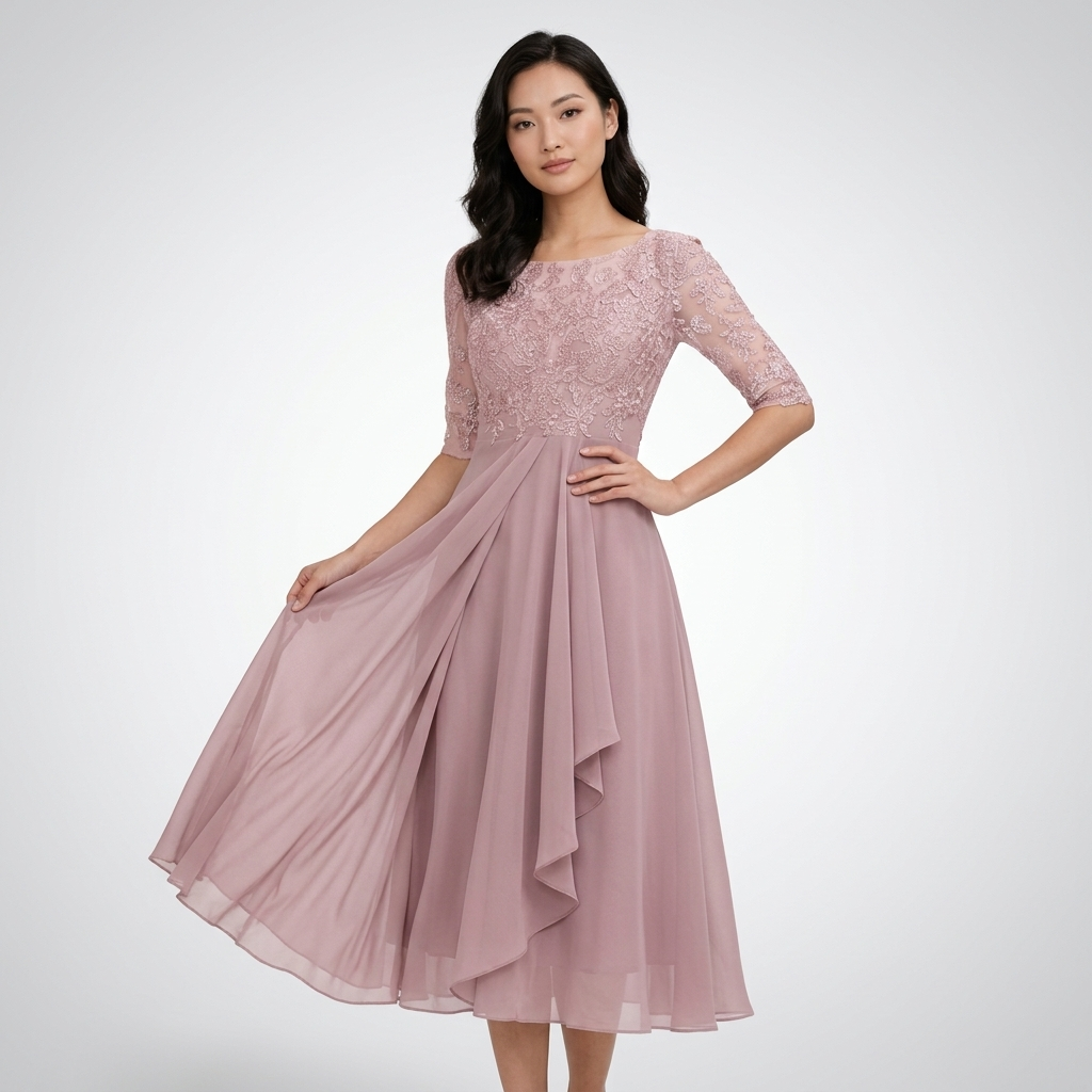 Carlena | Elegancka Sukienka Midi z Koronkową Górą i Rękawem 3/4