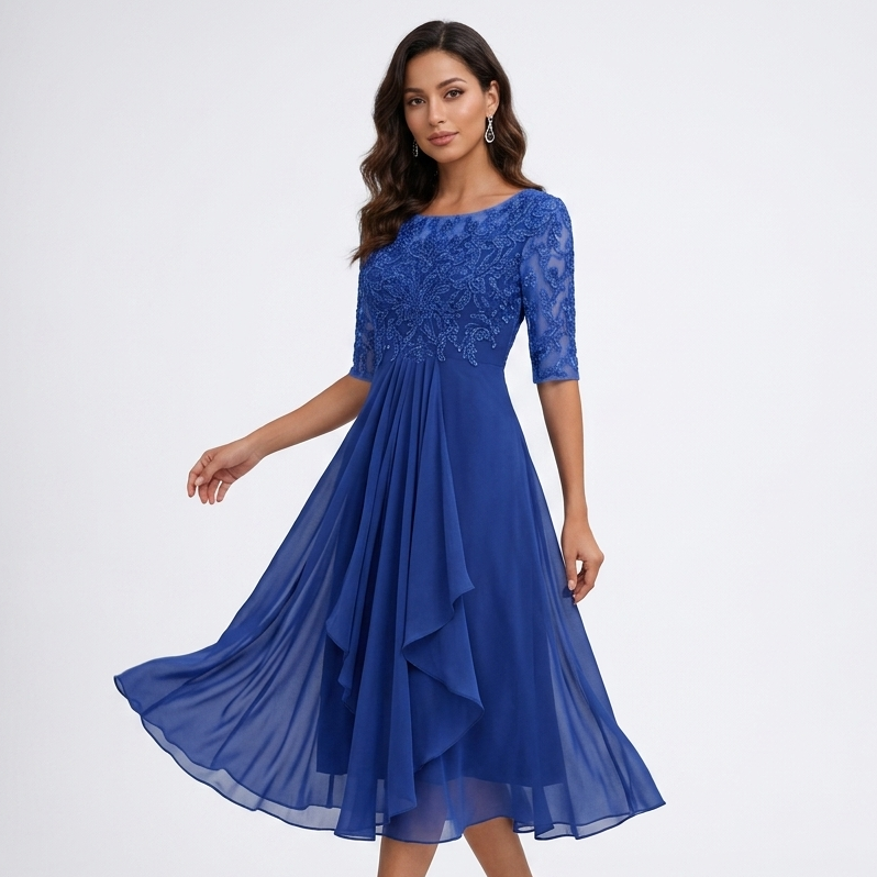 Carlena | Elegancka Sukienka Midi z Koronkową Górą i Rękawem 3/4