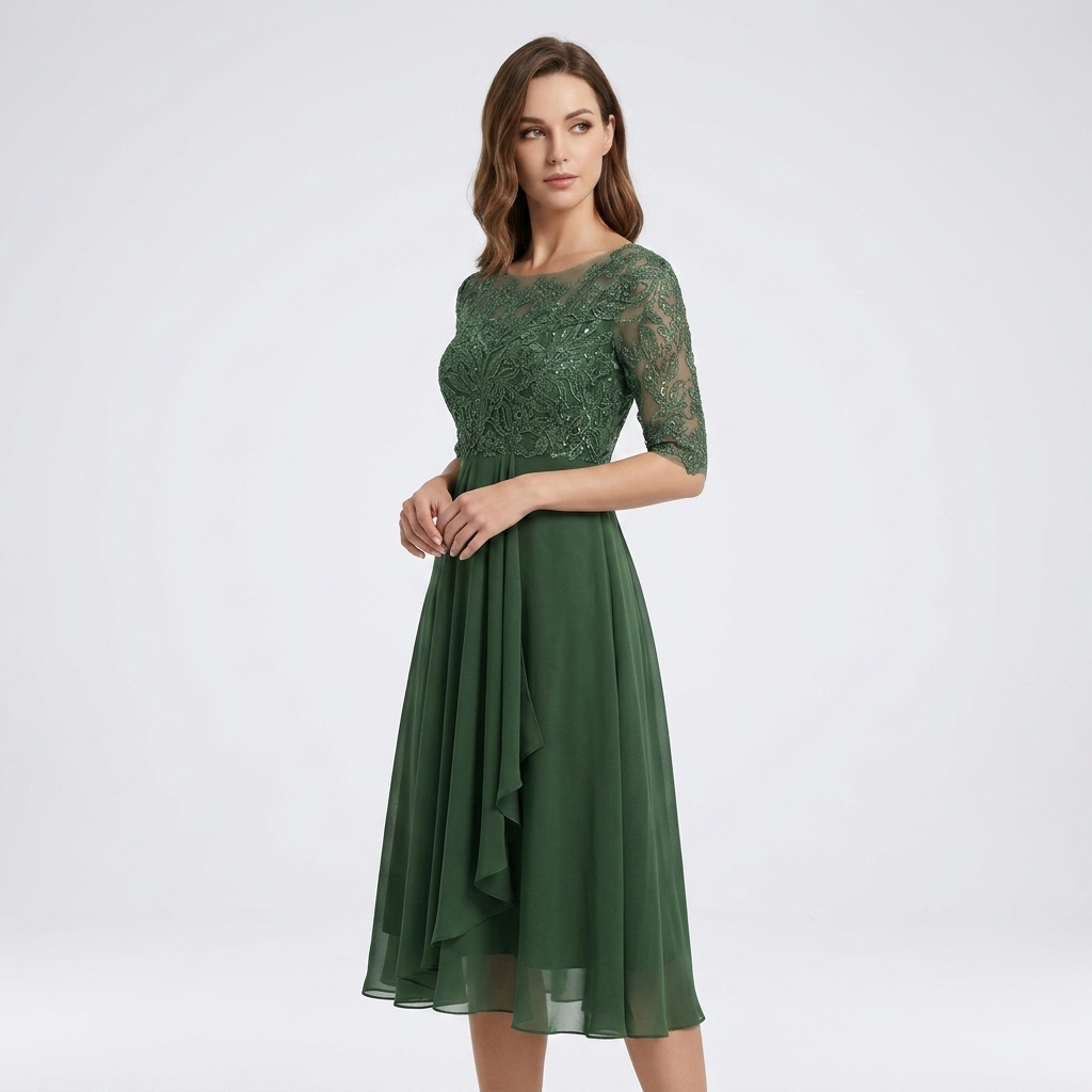 Carlena | Elegancka Sukienka Midi z Koronkową Górą i Rękawem 3/4